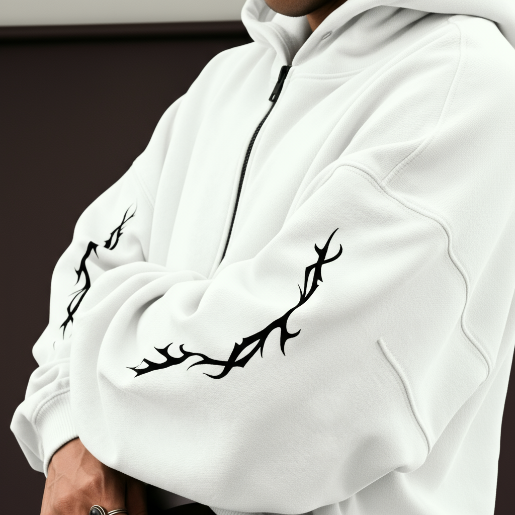 White hoodie with black branch designs on the sleeves against a dark background