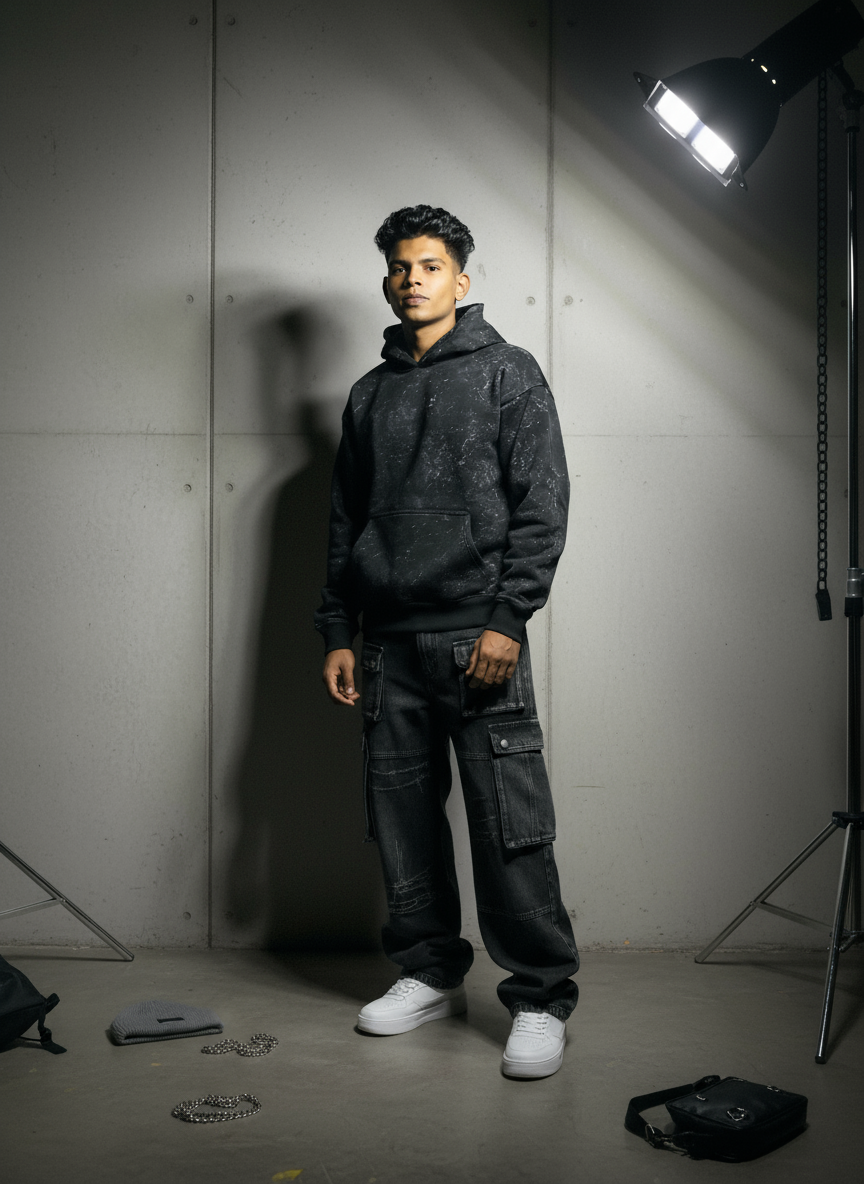Person wearing a dark hoodie and jeans standing in a studio setting with lighting equipment.