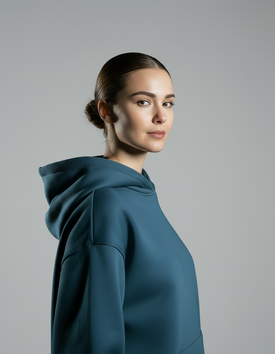 Person wearing a blue hoodie standing against a sunset sky over water