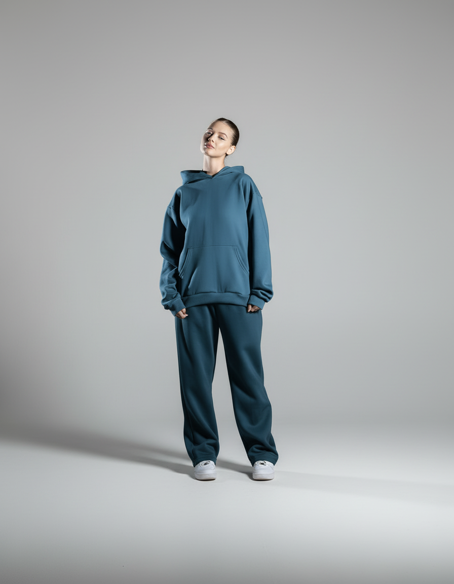 Person wearing a blue tracksuit standing on a road with a sunset over water in the background