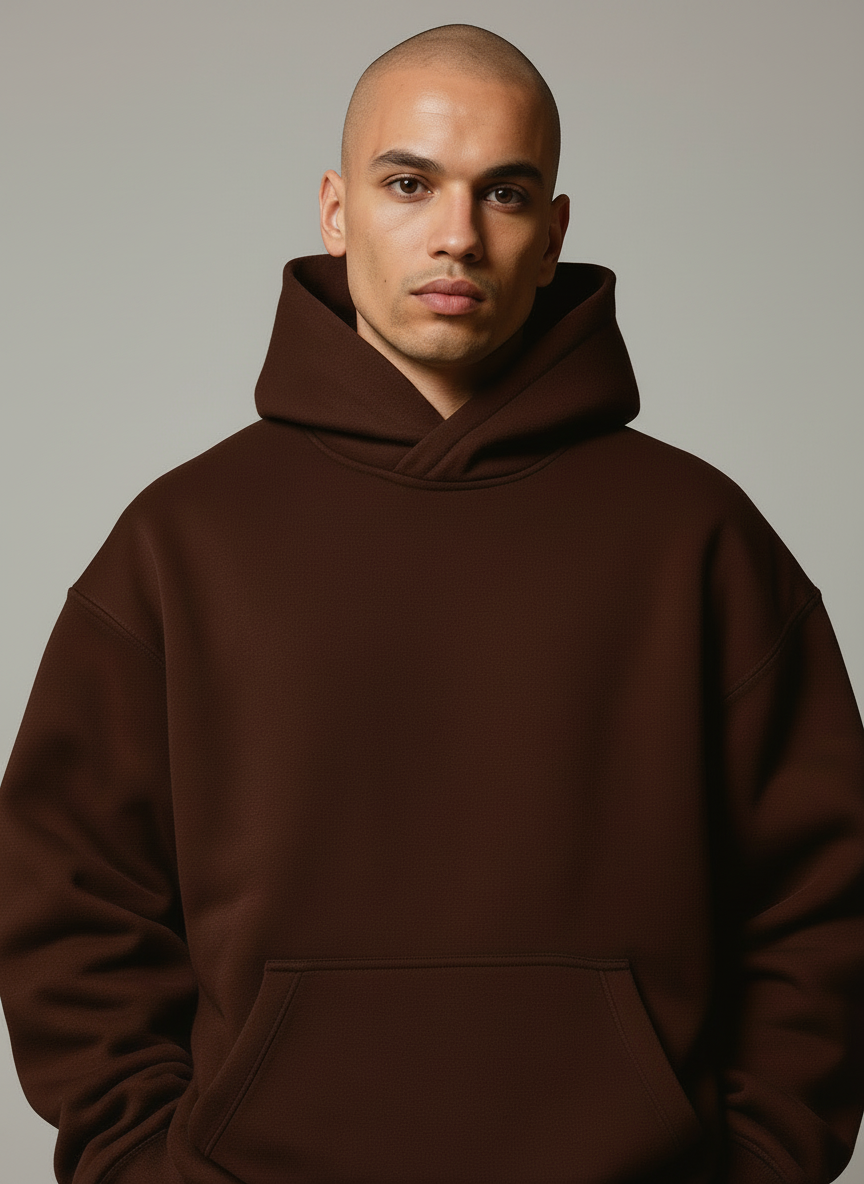 Man wearing a brown hoodie against a brown background