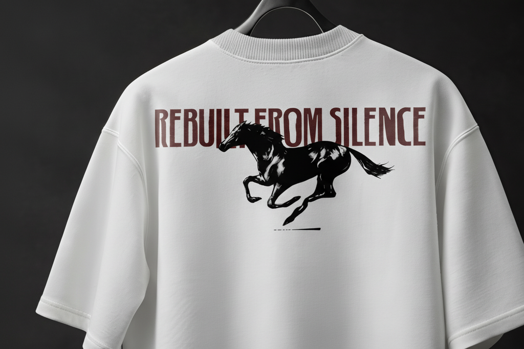 White t-shirt with a horse graphic and text 'Rebuilt from Silence' on a dark background