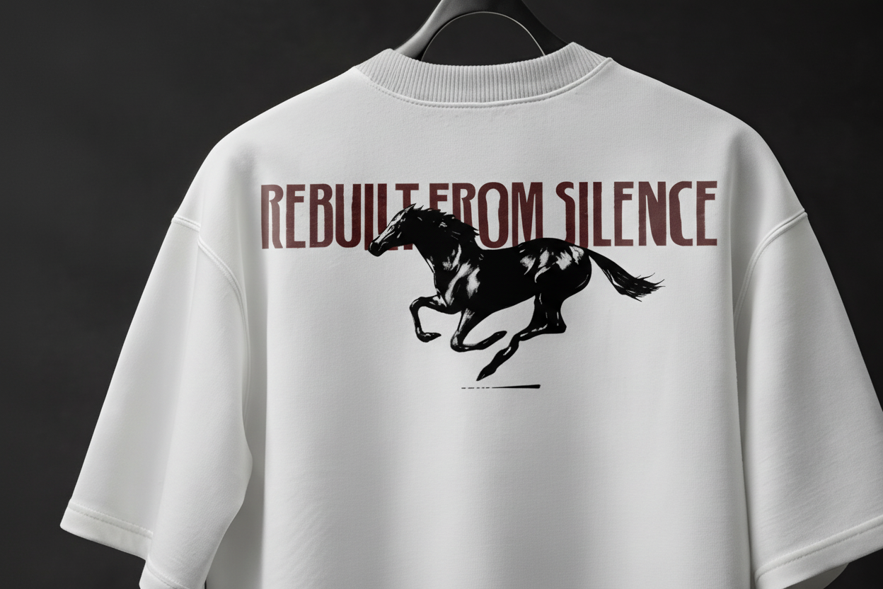 White t-shirt with a horse graphic and text 'Rebuilt from Silence' on a dark background