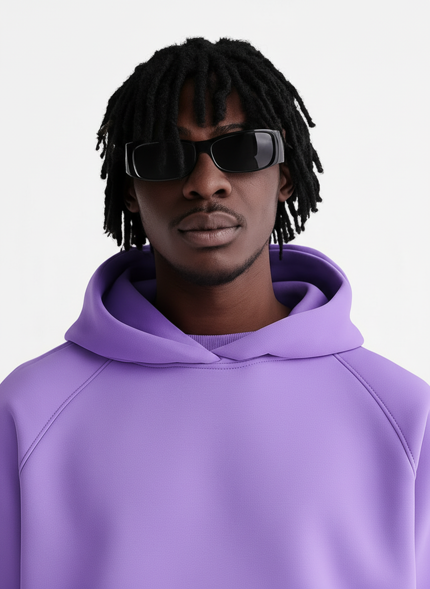 Person wearing a purple hoodie and sunglasses against a light gray background
