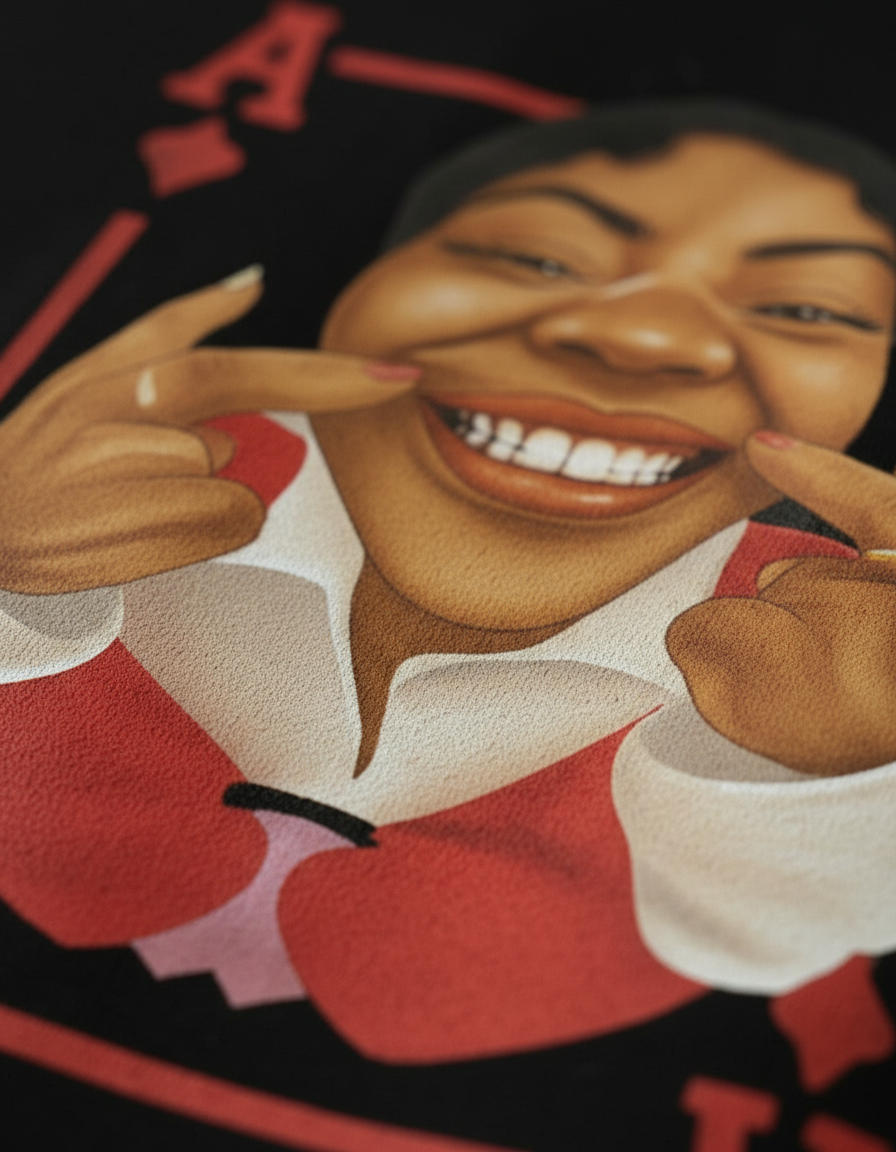 Close-up of a person wearing a shirt with a graphic design of a smiling face and red heart shapes.